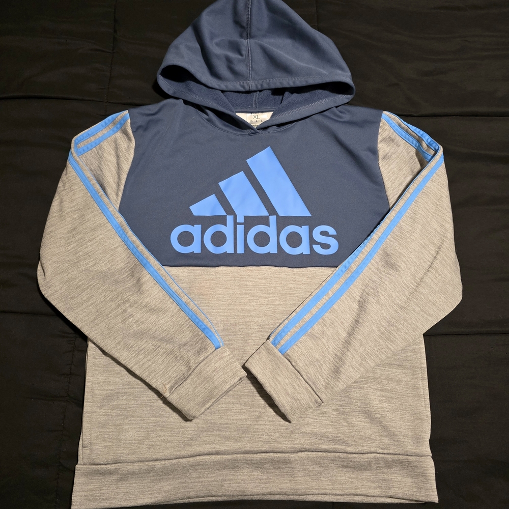 Adidas‎ Boys Pullover Hoodie Gray Navy Blue Logo Sweatshirt Size XL 18/20